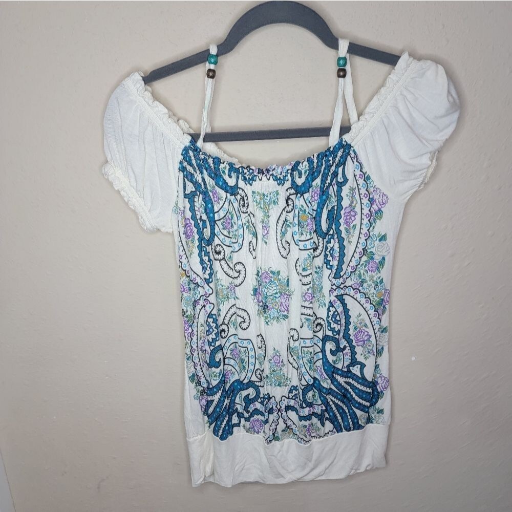 FANG White and Blue Graphic Ruched Cap Sleeve Blouse